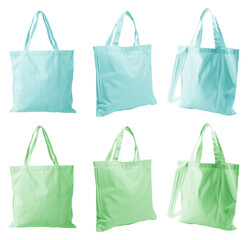2 Set of pastel green turquoise blue eco fabric recycle reusable tote sling bag, front and side view on transparent cutout, PNG file. Mockup template for artwork graphic design - obrazy, fototapety, plakaty