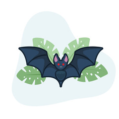 Bat flat design vector Illustration Icon decorated with leaves for web use for halloween, horror, spooky