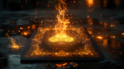 Sparkling ace of spades card on fire with bright flames and glowing edges on dark floor. - obrazy, fototapety, plakaty