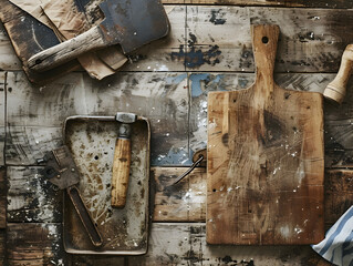 An artistic top view of well-used kitchenware including a chopping board, a baking tray, and vintage utensils, all on a rustic wooden surface