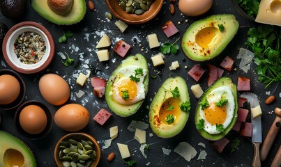 Avocado salad with ham, eggs and cheese on a black wooden background