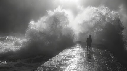 man on the pier huge waves - obrazy, fototapety, plakaty
