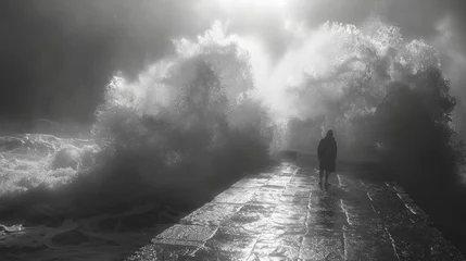 Zelfklevend Fotobehang man on the pier huge waves © Aliaksei