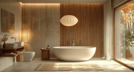Fototapeta na wymiar 3D rendering of a spa interior design with a bathtub and wooden wall panels in light beige colors. Sunlight streams through the window. Created with Ai