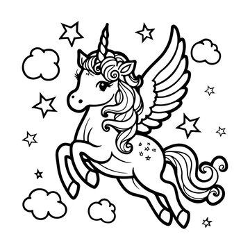 Cute unicorn line drawing for coloring page