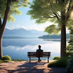 Man sits on bench on shore of lake. Enjoying relaxation and beautiful view of the water surface - obrazy, fototapety, plakaty