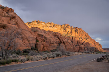 Road Through Snow Canyon Sun Shining on Mountain
