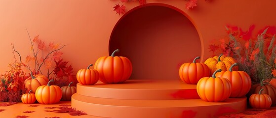 Festive Pumpkins On A Pedestal. Illustration On The Theme Of Holidays And Agriculture, Food And Illustrations. Generative AI	

