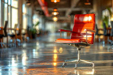 An empty office chair in a modern open plan office. Job opportunity and recruitment - obrazy, fototapety, plakaty