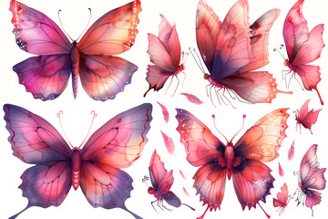 Watercolor set of pink, lilac hand-painted butterflies. Design for the design of postcards, invitations, birthday greeting cards.