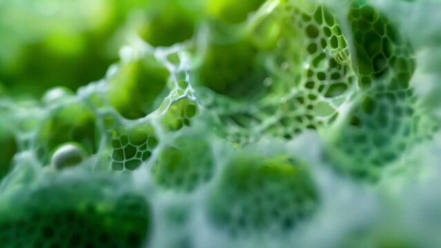 A detailed shot of plant cell walls showing the cellulose fibers that provide structure and support to the cell. . AI generation.
