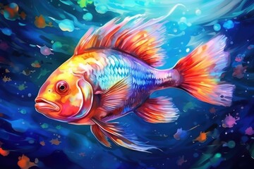 the multi-color fish under blue water wave - obrazy, fototapety, plakaty