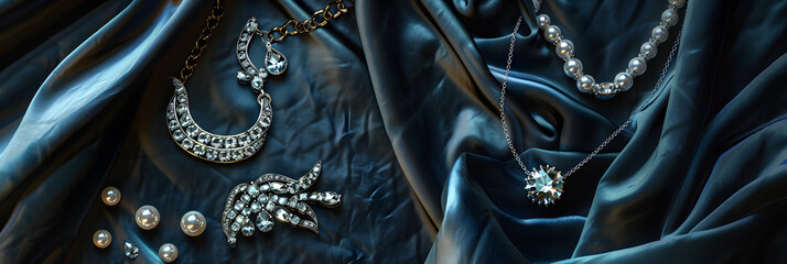 Silver designer costume jewelry on blue velvet background. - obrazy, fototapety, plakaty
