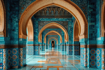 A beautiful interior of the palace in maroccan style, blue tiles and walls with intricate patterns....