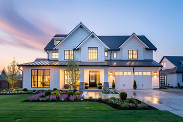 Beautiful modern farmhouse style luxury home exterior at twilight.