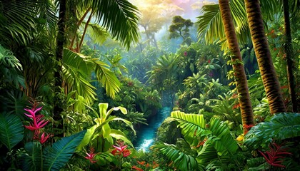 tropical forest with trees A vibrant jungle canopy lush foliage exotic flora diverse fauna teeming life awe inspiring beauty natural wonderment Serena Rivers,