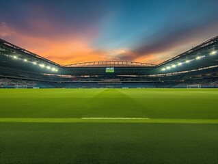 Empty soccer stadium with a vibrant sunset sky and illuminated field.