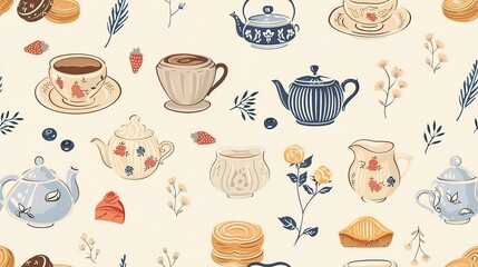 Vintage tea party seamless pattern with elegant teacups, teapots, and pastries. Seamless Pattern, Fabric Pattern, Tumbler Wrap.
