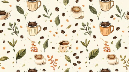 Obraz premium Seamless pattern of freshly brewed coffee cups, beans, and coffee plants for a cafÃ vibe. Seamless Pattern, Fabric Pattern, Tumbler Wrap.