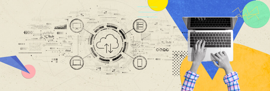 Cloud computing with person using a laptop computer - Photo collage design