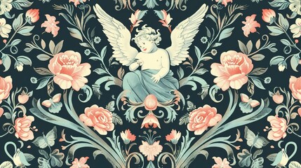 Rococo Damask seamless pattern with playful cherubs and whimsical gardens . Seamless Pattern, Fabric Pattern, Tumbler Wrap.