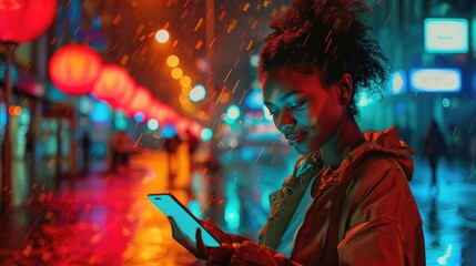 Amidst neon-lit streets, a woman engages with a mobile app at night, Ai Generated. - obrazy, fototapety, plakaty