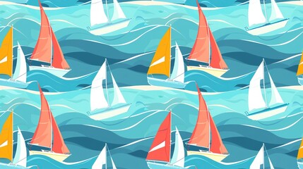 Sailboat regatta seamless pattern with colorful sails on the horizon, racing in the open sea. Seamless Pattern, Fabric Pattern, Tumbler Wrap. - obrazy, fototapety, plakaty