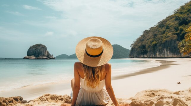 Young woman in straw hat relaxes on Thailand beach, embracing serenity, Ai Generated.