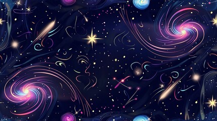 Galactic seamless pattern with glowing galaxies, swirling black holes, and shooting stars . Seamless Pattern, Fabric Pattern, Tumbler Wrap.