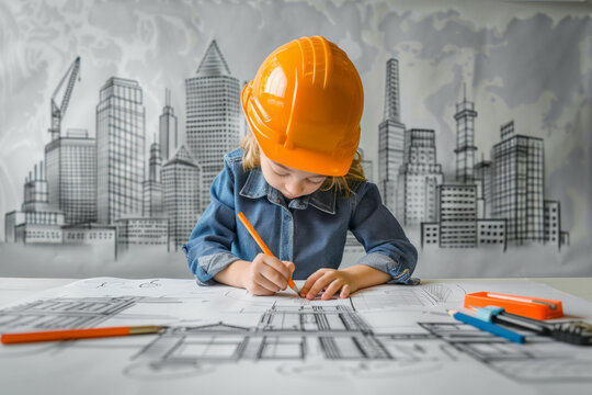 A child in a construction helmet drawing skyscrapers and buildings in pencil, showing great ambition to be an architect