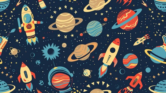 Retro futuristic space exploration seamless pattern with rockets, astronauts, and alien planets . Seamless Pattern, Fabric Pattern, Tumbler Wrap.