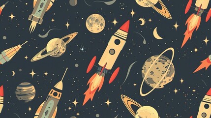 Vintage space race seamless pattern with old-school rockets, satellites, and lunar modules. Seamless Pattern, Fabric Pattern, Tumbler Wrap.