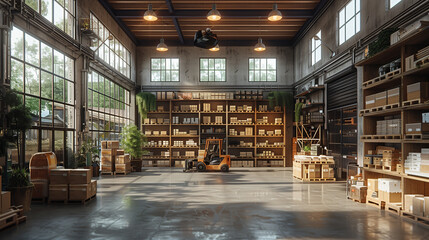 An expansive, empty warehouse interior illuminated with goods visible in the background. - obrazy, fototapety, plakaty