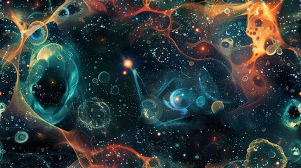 Seamless pattern of microscopic views of space, resembling cellular structures and nebulae. Seamless Pattern, Fabric Pattern, Tumbler Wrap.