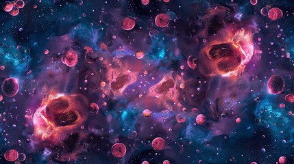 Seamless pattern of microscopic views of space, resembling cellular structures and nebulae. Seamless Pattern, Fabric Pattern, Tumbler Wrap.