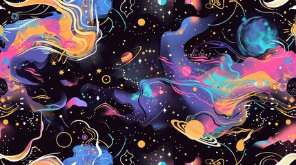 Fantasy space seamless pattern with magical astral phenomena and cosmic landscapes . Seamless Pattern, Fabric Pattern, Tumbler Wrap.