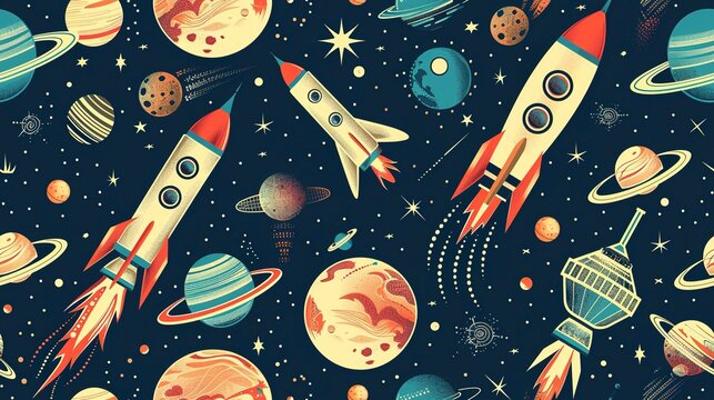 Vintage space race seamless pattern with old-school rockets, satellites, and lunar modules. Seamless Pattern, Fabric Pattern, Tumbler Wrap.
