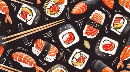 Naklejka premium Seamless pattern with a variety of sushi rolls, sashimi, and chopsticks, Japanese cuisine theme. Seamless Pattern, Fabric Pattern, Tumbler Wrap.