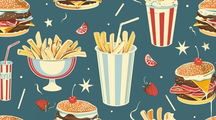 Retro diner seamless pattern featuring classic burgers, fries, and milkshakes. Seamless Pattern, Fabric Pattern, Tumbler Wrap. - obrazy, fototapety, plakaty