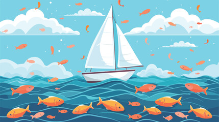 Vector fish jumping around sailboat floating on sea - obrazy, fototapety, plakaty