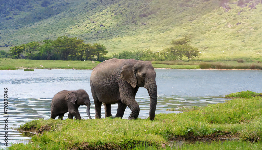 Wall mural Image material of wild elephant. herd of elephants.