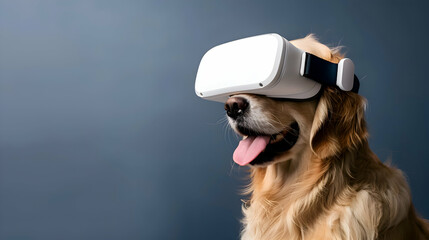 Pet dog - golden retriever - wearing virtual reality (VR) goggles. Bright color background. Space for copy.