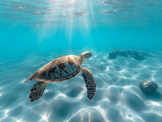 A graceful sea turtle swimming in clear blue water above sandy ocean floor. - obrazy, fototapety, plakaty