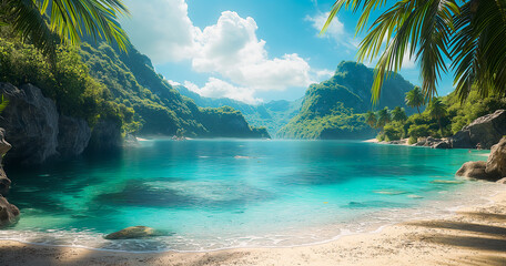 Tropical island paradises background illustration. Image generated by AI - obrazy, fototapety, plakaty