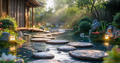Tranquil zen gardens background illustration. Image generated by AI