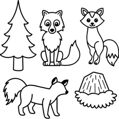 Set of   Forest  Animals Line Art Coloring Page