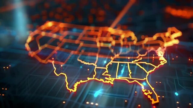 Explore an interactive map displaying the United States with glowing borders and markers for each state.