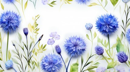 Fototapeta na wymiar Background of a mix of delicate blue cornflower blossoms and fresh green leaves