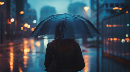 a lady with an umbrella next to bus stops - obrazy, fototapety, plakaty