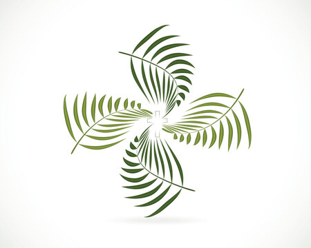 Palms Good Friday - Palm tree leaf with cross symbol icon logo vector image design. Green palm tree leaves  representing the sacredness of Good Friday's Christian.